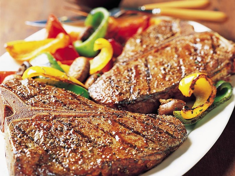 T-bone Steaks With Grilled Vegetables And Steak Sauce