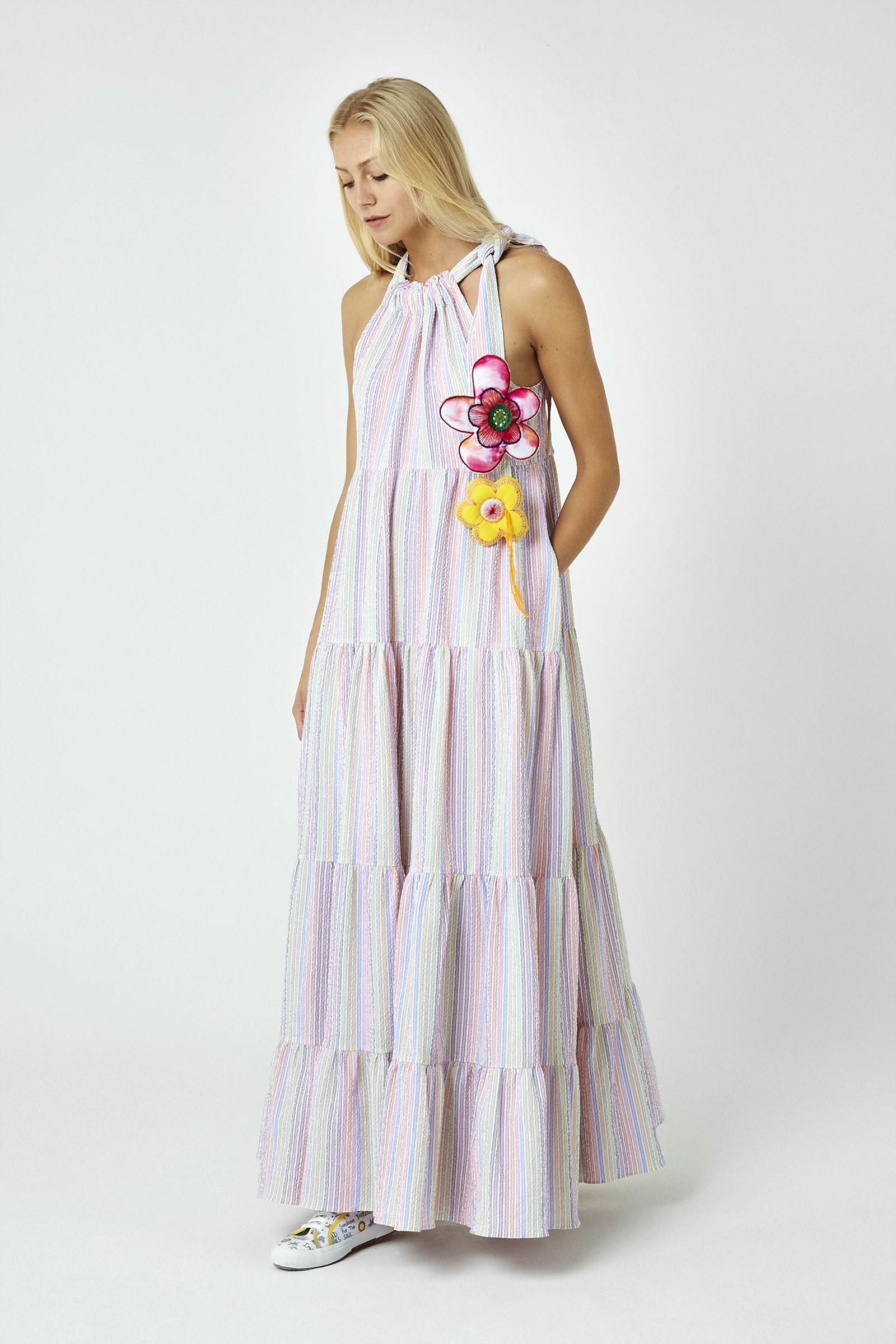 Mira Mikati Rainbow Stripe Halterneck Tiered Dress, £600