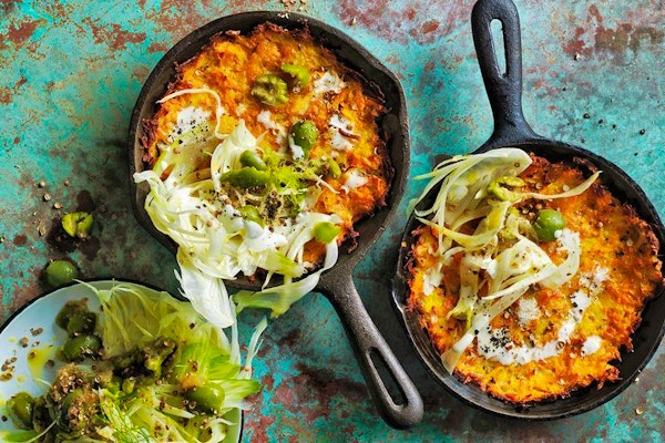 Crispy Carrot, Sweet Potato And Haloumi Baked Rosti