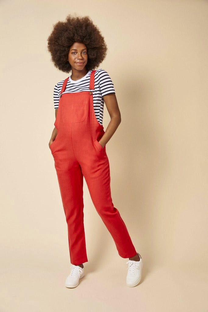 Clary & Peg Doris Dungarees in Pillar Box Red Linen, £165