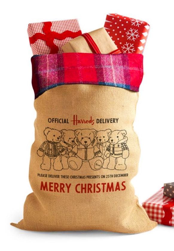 Harrods Hessian Tartan-Trim Bear Sack, NOW £28
