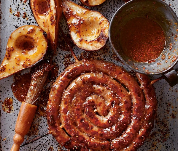 Sticky Honey And Mustard Catherine Wheel Sausage With Pears, Cobnuts And Celeriac Mash Copy