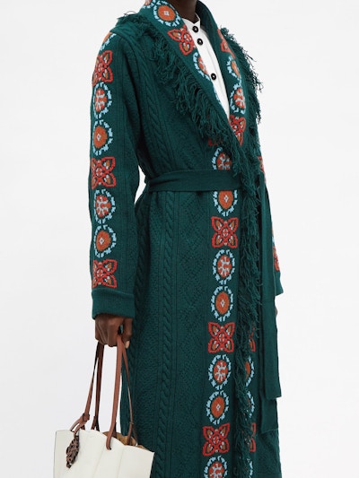 La DoubleJ Santa Fe Embroidered Cable-Knit Long Cardigan, £845