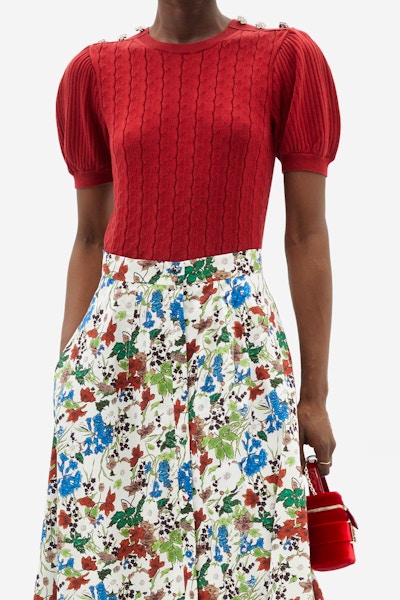 Erdem Belva Puff-Sleeve Cable-Knit Cotton-Blend Top, £575