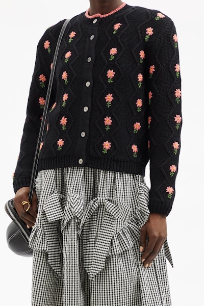 Shrimps Bennett Embroidered Wool-Blend Cable-Knit Cardigan, £350