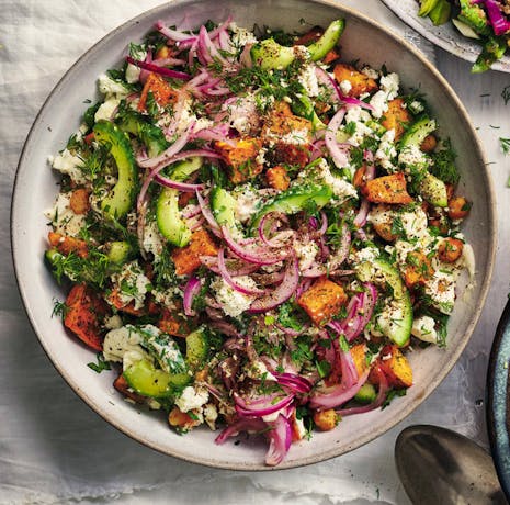 Sweet Potato, Chickpea And Feta Salad With Tahini Dressing