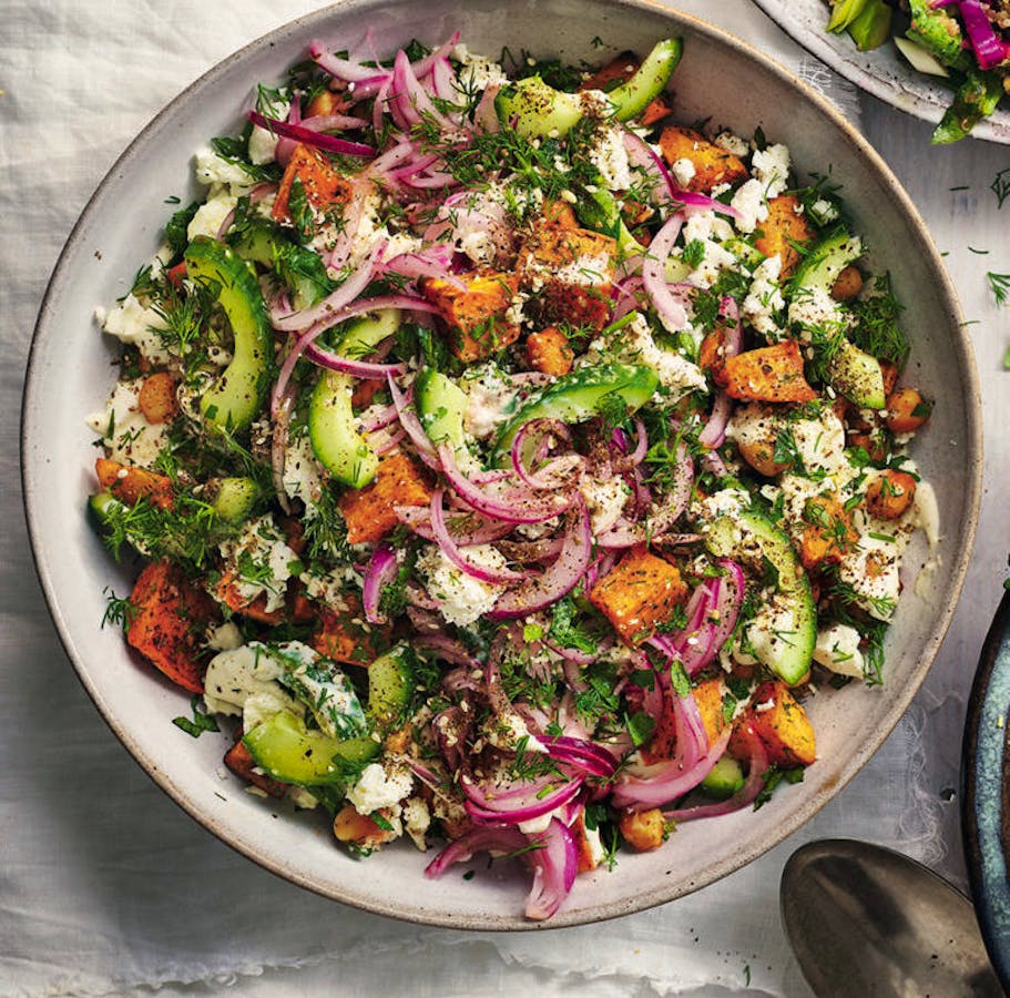 Sweet Potato, Chickpea And Feta Salad With Tahini Dressing