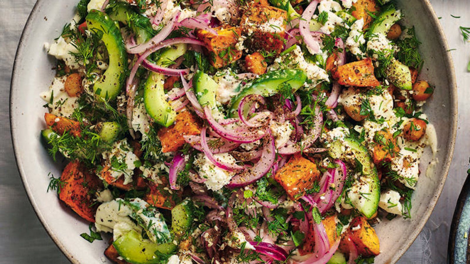 Sweet Potato, Chickpea And Feta Salad With Tahini Dressing