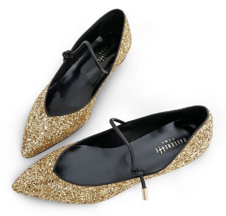 Gold Glitter V Vamp Ballet Flats With Strap