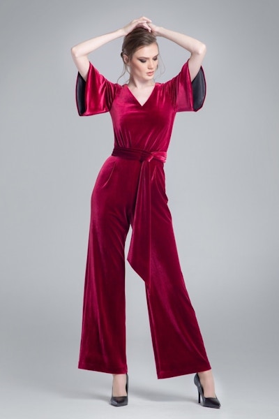Rumour London Layla Velvet Jumpsuit With Bell Sleeves & Sash In Burgundy, £325