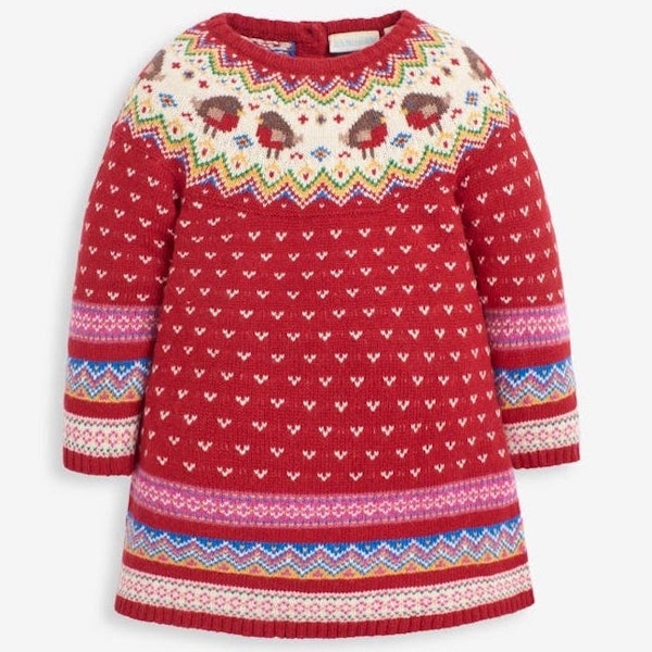 Jojo Maman Bebe Girls' Red Robin Fair Isle Dress, £26