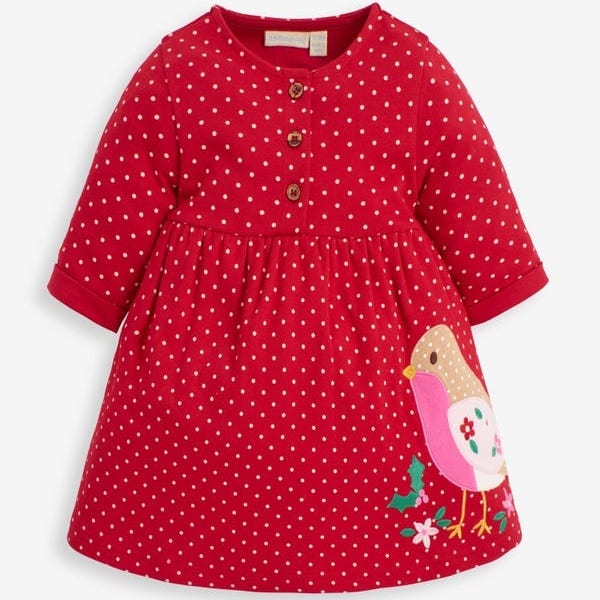 Jojo Maman Bebé Girls' Red Robin Spot Appliqué Dress, £21