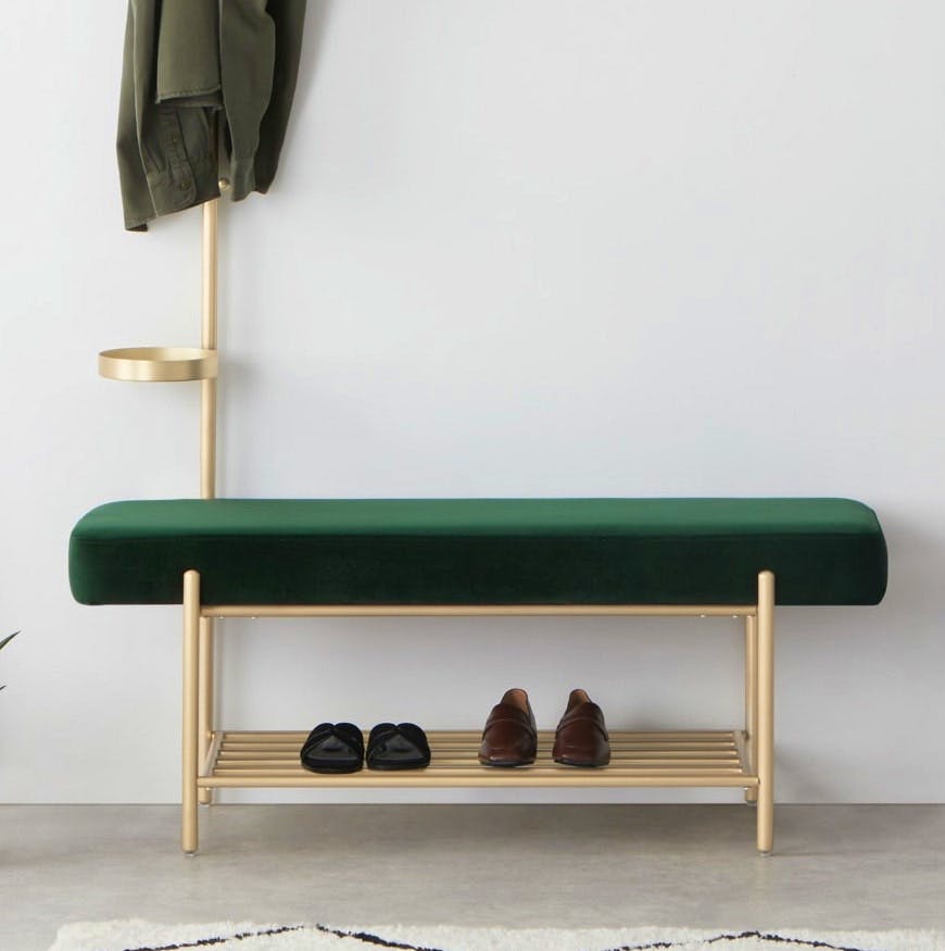 Made.com Hallway Storage Bench, Pine Green Velvet & Brass, NOW £179