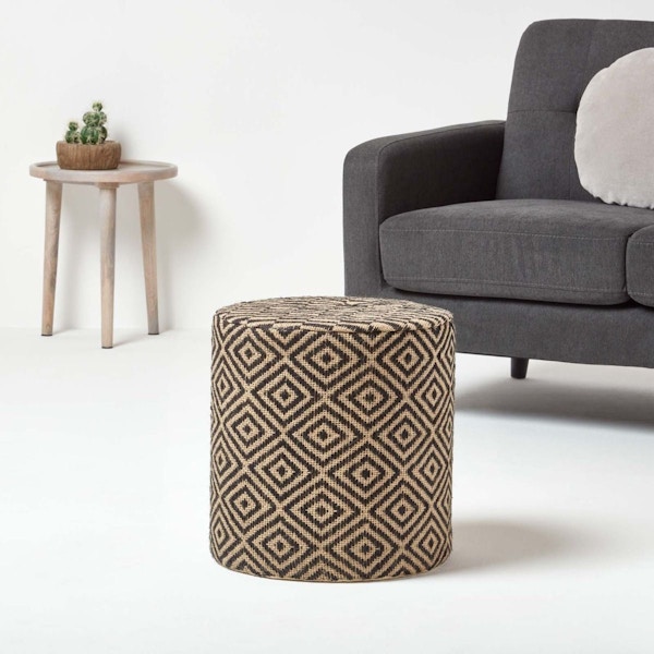 Home Scapes Jute Round Pouffe Black and Off-White Herringbone Pattern, £34.99