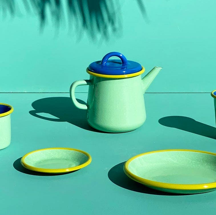 Bornn Enamelware Tea Pot - Soft Pink And Chartreuse With Electric Blue Rim, €36
