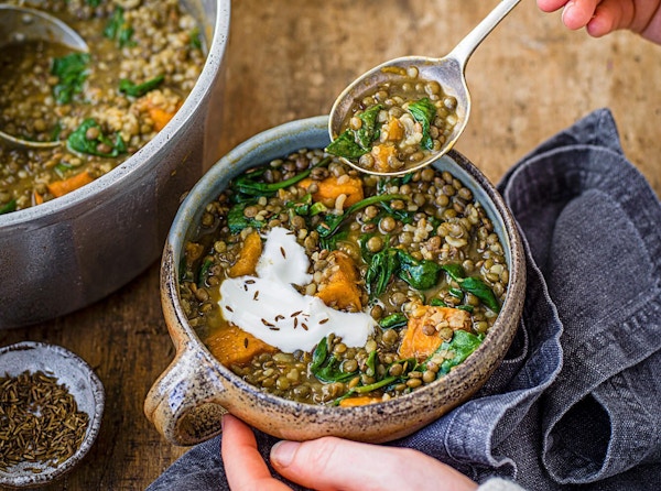 Spiced Squash, Spinach And Lentil Soup