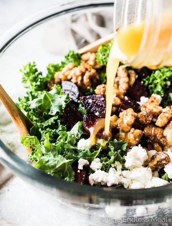ROASTED BEET AND KALE SALAD WITH MAPLE CANDIED WALNUTS