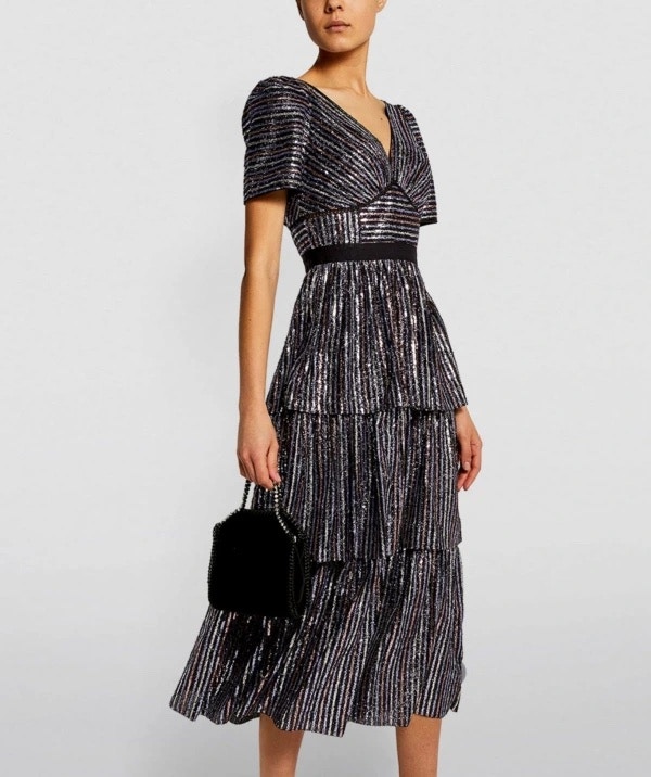 Self-Portrait Stripe Sequin Tiered Midi Dress, Rent £58 Copy