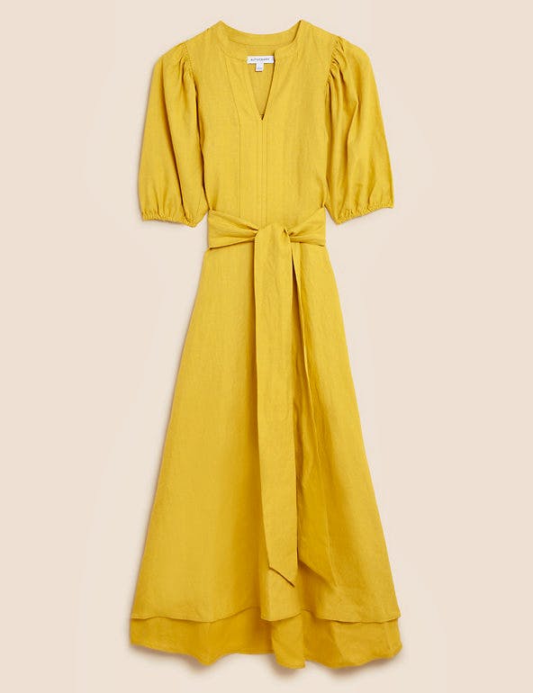 Pure Irish Linen V-Neck Belted Midi Dress £89