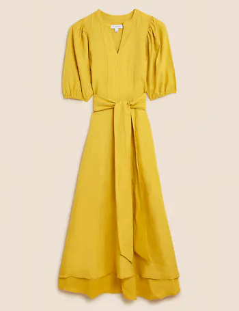 Pure Irish Linen V-Neck Belted Midi Dress