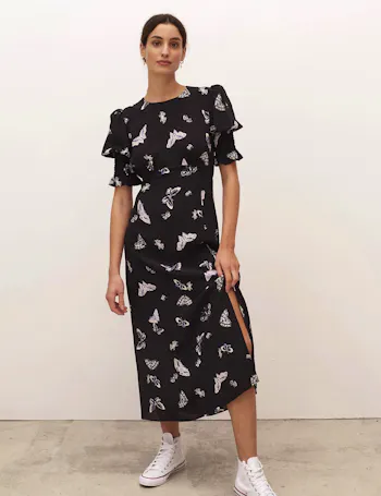 Butterfly Print Midaxi Waisted Dress