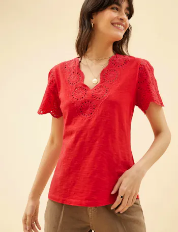 Pure Cotton Brodere V-Neck T-Shirt