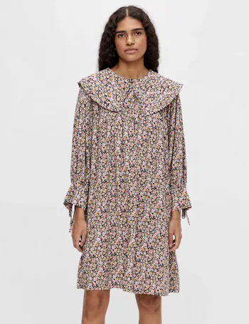 Floral Collared Knee Length Smock Dress