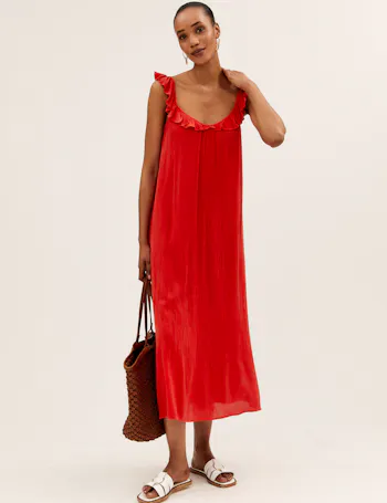 V-Neck Frill Detail Midaxi Slip Dress
