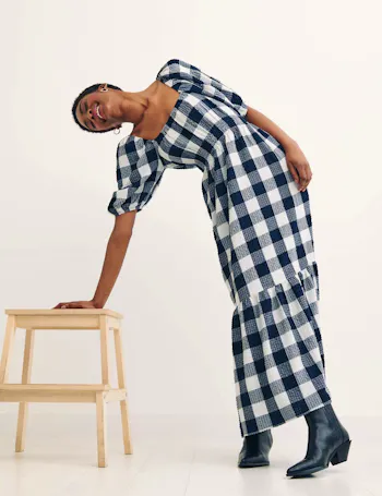 Checked Square Neck Midaxi Smock Dress