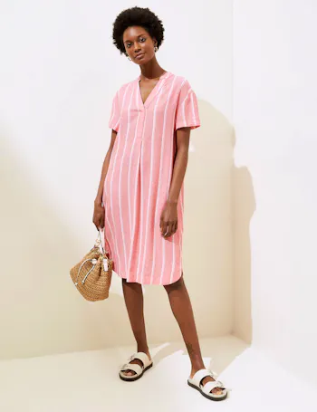 Linen Rich Striped V-Neck Shift Dress