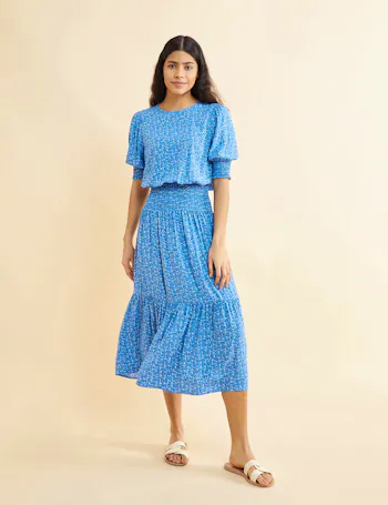 Ditsy Floral Shirred Midi Tiered Dress