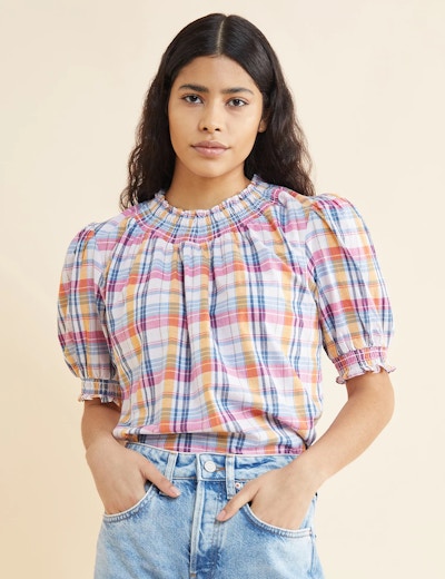 Pure Cotton Checked Shirred High Neck Top £59
