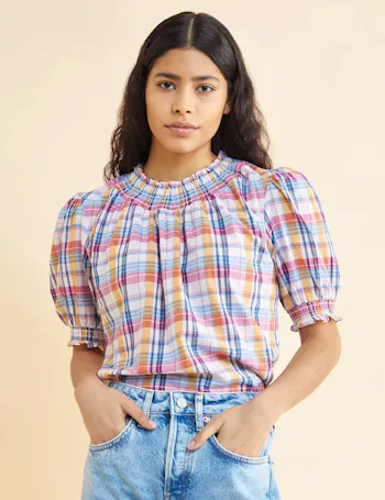 Pure Cotton Checked Shirred High Neck Top