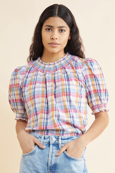 Pure Cotton Checked Shirred High Neck Top £59
