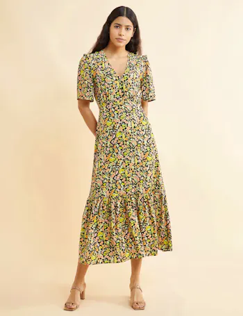 Organic Cotton Floral V-Neck Midi Tea Dress