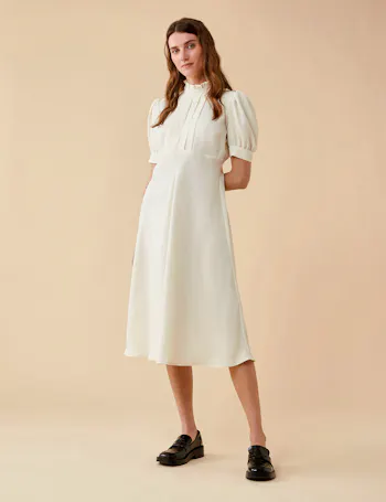 High Neck Puff Sleeve Smock Dress