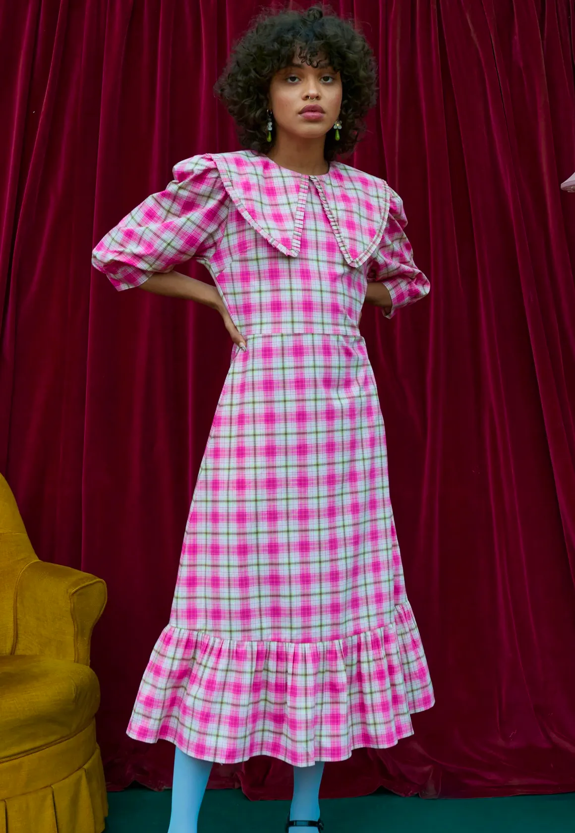 Ilk & Ernie Delilah Midi Dress in Pink Tartan, £120