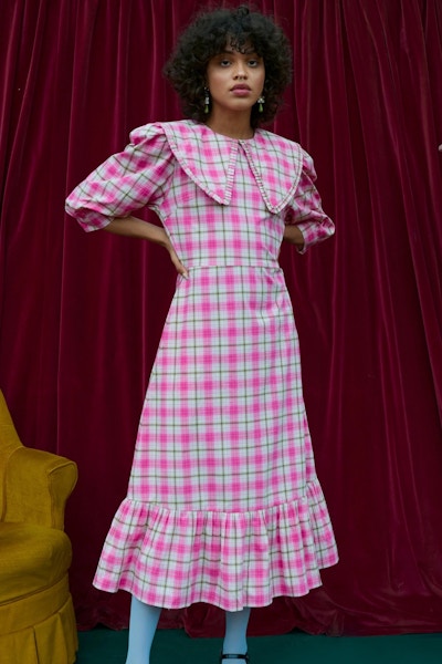 Ilk & Ernie Delilah Midi Dress in Pink Tartan, £120