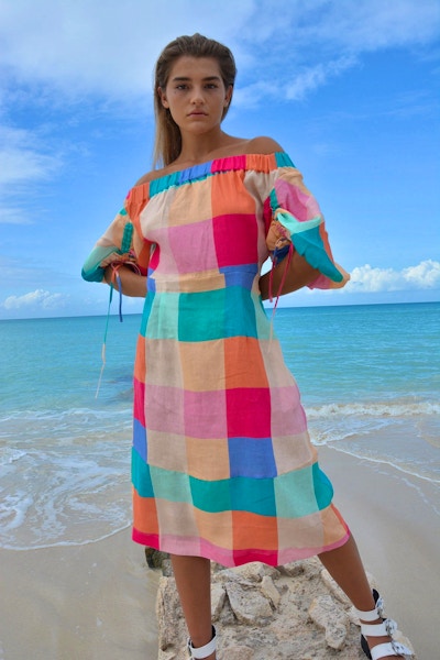 Paper London Off Shoulder Orchid Dress In Maldives Check, £385