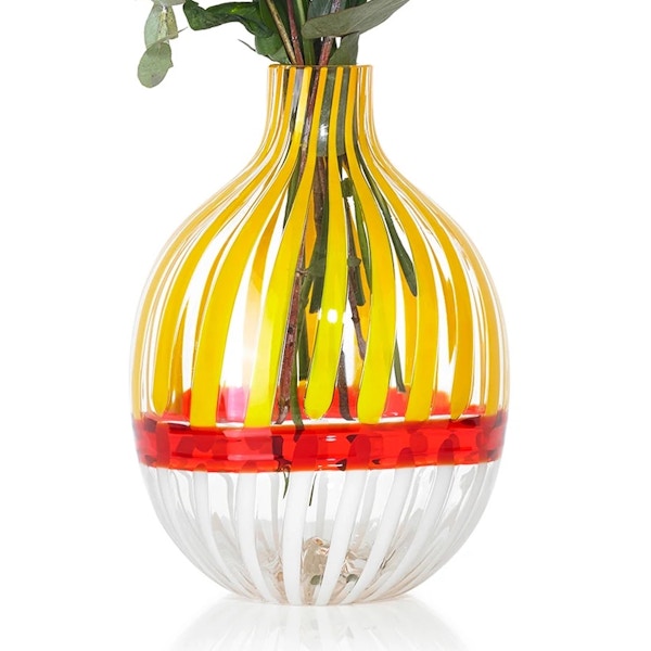 Carlo Moretti Handblown Double Stripe Glass Vase in Lemon Yellow, Red & White, £295
