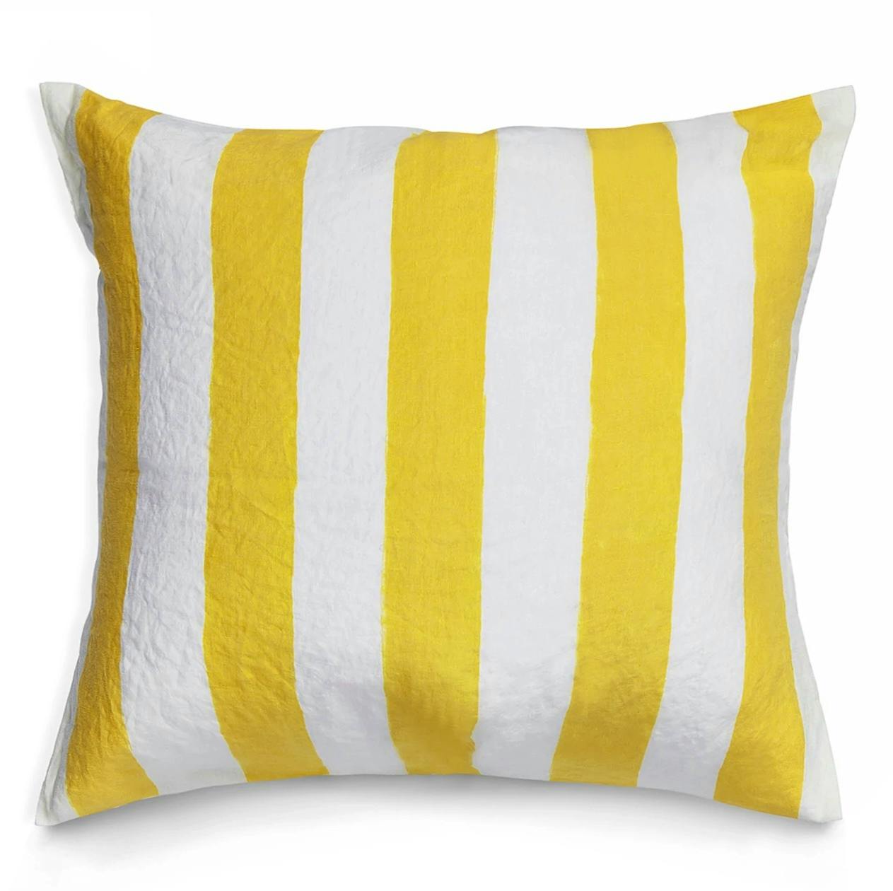 Summerill & Bishop Hand Painted Stripe Linen Cushion in Lemon Yellow + White, £165