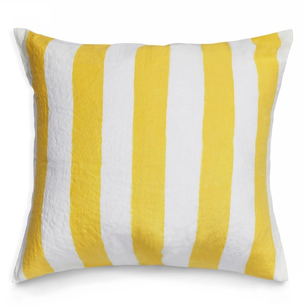 Summerill & Bishop Hand Painted Stripe Linen Cushion in Lemon Yellow + White, £165