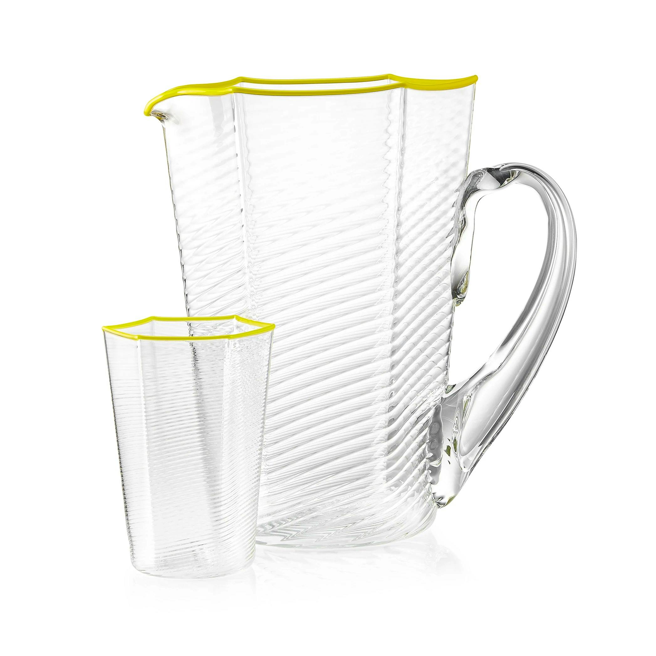 Summerill & Bishop Handblown Hexagonal Ridged Glass Water Jug with Yellow Rim, £255