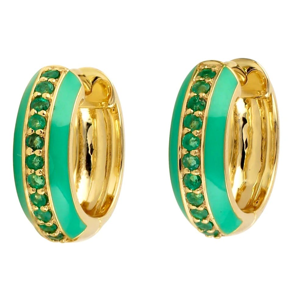 Artisan 18k Yellow Gold Emerald Hoop Earrings Enamel Jewelry, £1,523