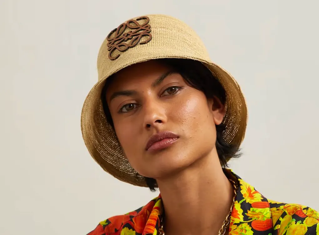 Loewe Hat + Paula's Ibiza Anagram Leather-Trimmed Raffia Bucket Hat, £425