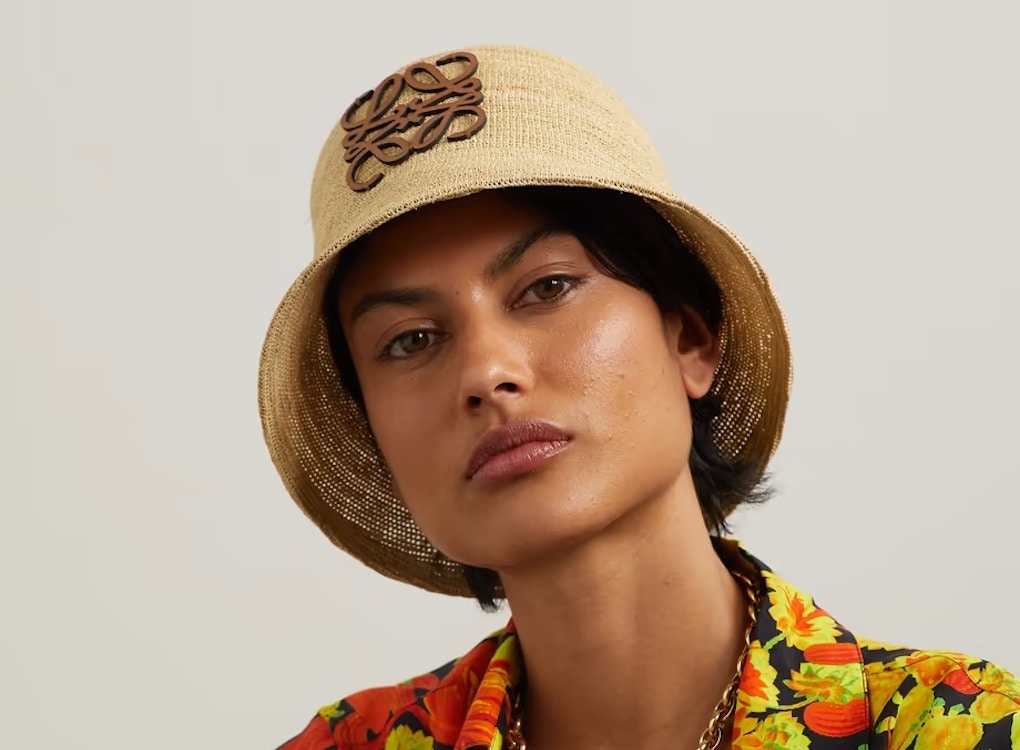 Loewe Hat + Paula's Ibiza Anagram Leather-Trimmed Raffia Bucket Hat, £425