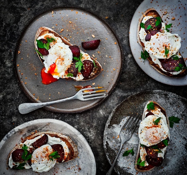 Whipped Feta And Beetroot On Toast With Poached Eggs And Dukkah Copy