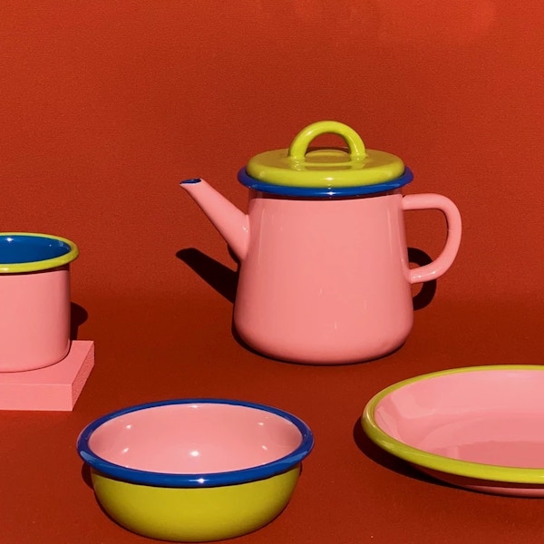 Bornn Enamelware Tea Pot - Soft Pink And Chartreuse With Electric Blue Rim, €41.50