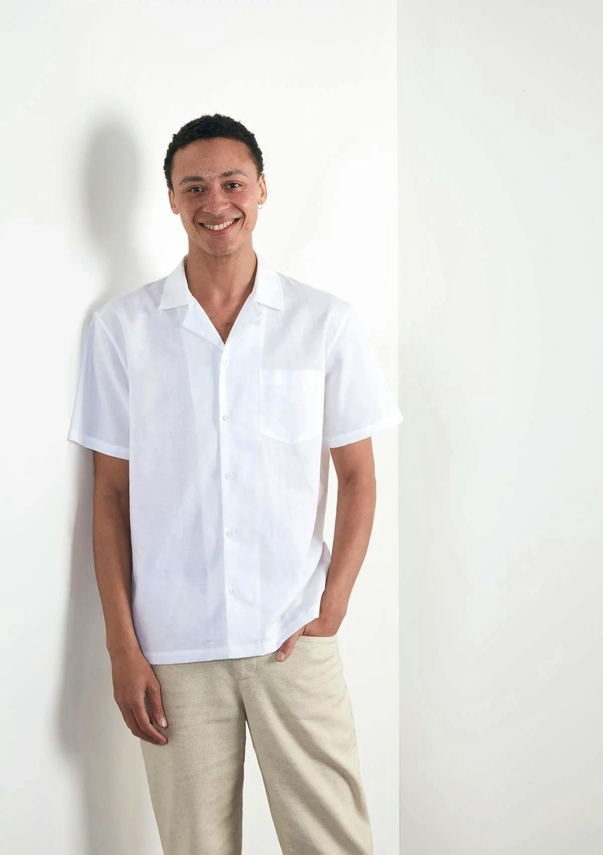 White Cotton Linen Cuban Shirt £110