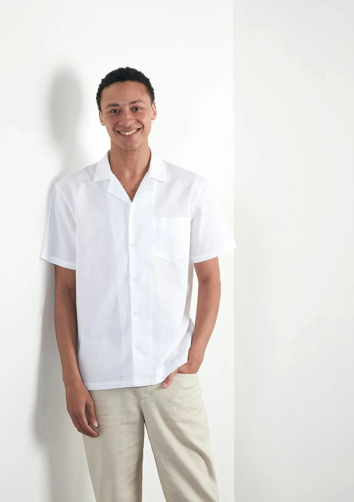 White Cotton Linen Cuban Shirt £110